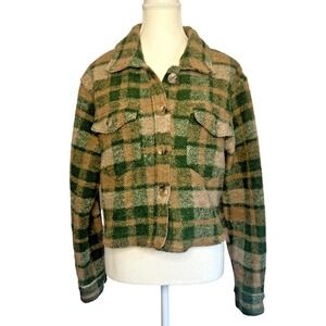 House of Harlow 1960 Cropped Wool Blend Shacket Green Cream Plaid Jacket Shirt M